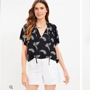 LOFT Palm Ruched Ruffle Tie Neck Top, NWT, Size M
